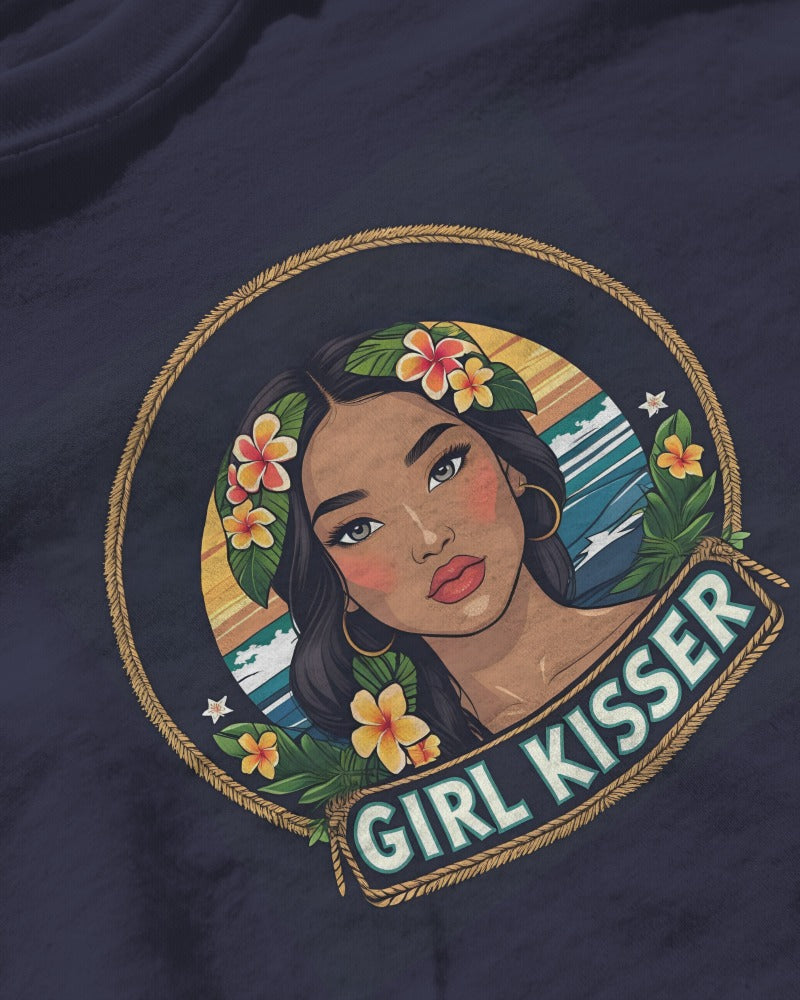Close-up of Girl Kisser Holiday Tee graphic on soft cotton fabric
