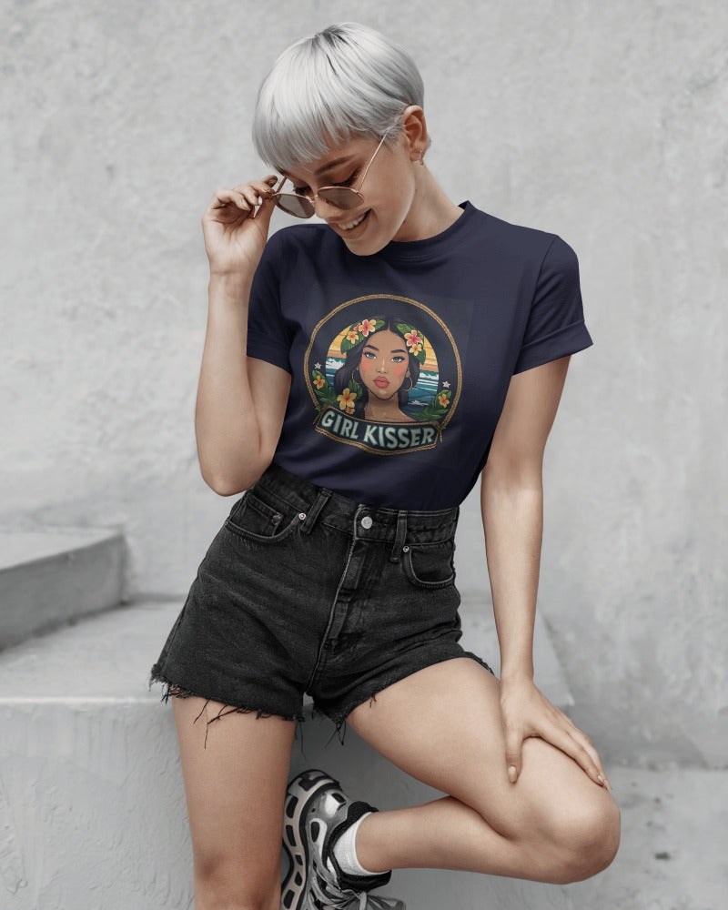 Close-up of Girl Kisser Holiday Tee graphic on soft cotton fabric