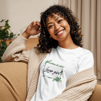 "Model wearing Savage Cotton's Lover Girl T-shirt – relaxed fit, soft cotton, bold red text across the chest"