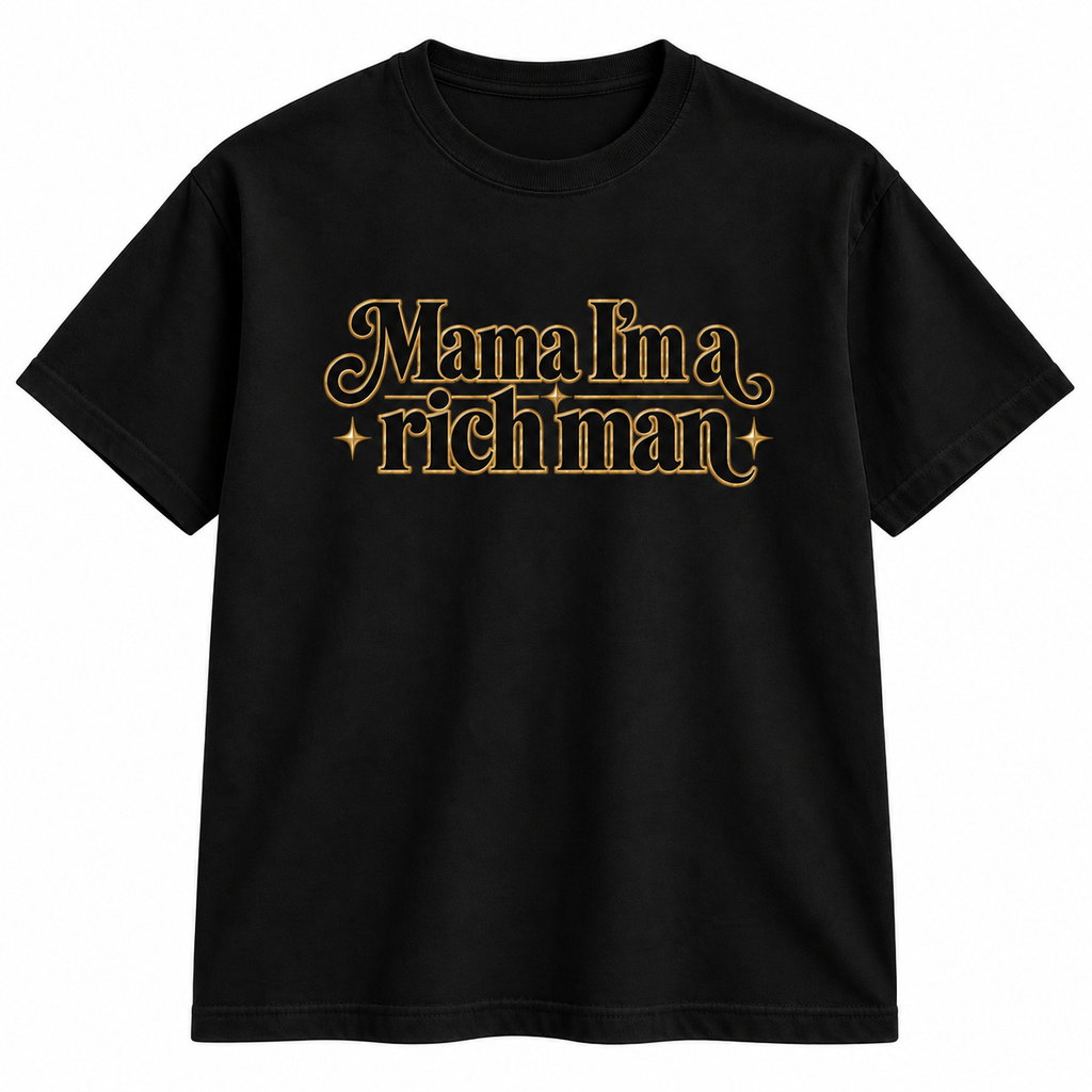 A black short-sleeve crewneck t-shirt featuring the phrase 'Mama Ima richman' printed across the chest in a stylized gold font with small star accents.