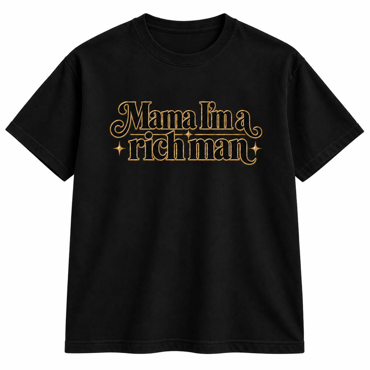 A black short-sleeve crewneck t-shirt featuring the phrase 'Mama Ima richman' printed across the chest in a stylized gold font with small star accents.