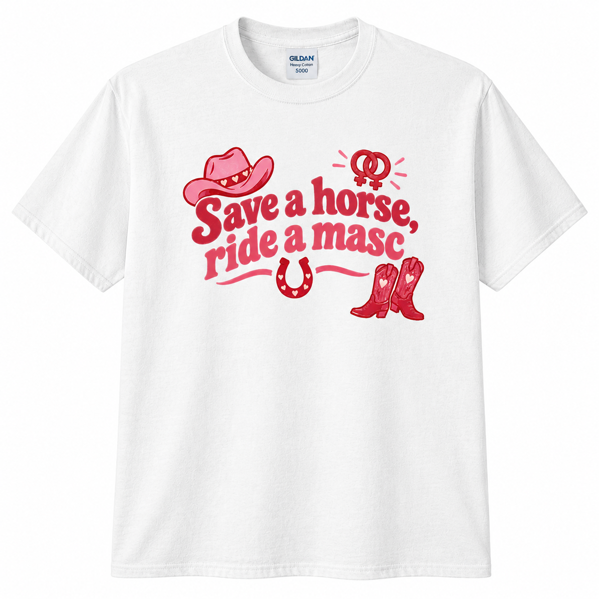 A white Gildan short-sleeve t-shirt with a red western-themed graphic that reads 'Save a horse, ride a masc' accompanied by illustrations of a cowboy hat, boots, horseshoe, and a bucking horse.