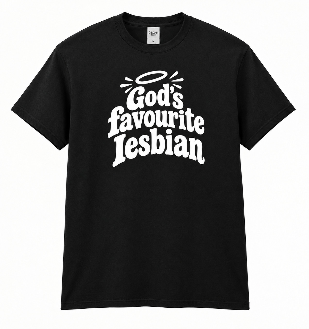 A black short-sleeve crewneck t-shirt with a white graphic text print reading 'God's favourite Lesbian' in a stylized font, featuring a halo illustration above the text.