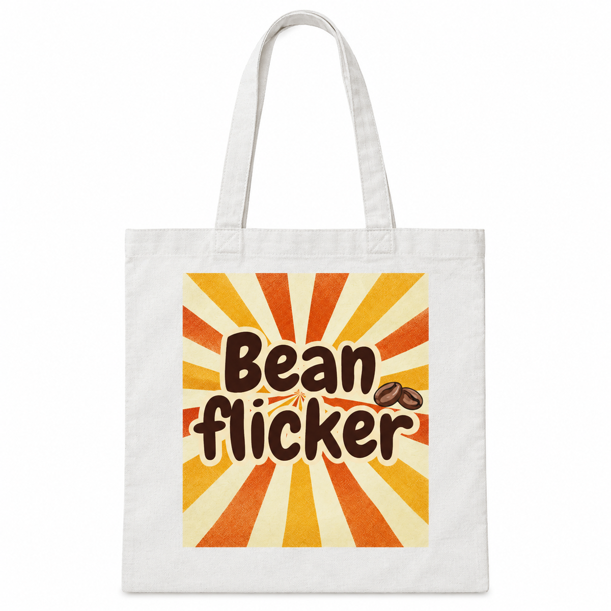A white canvas tote bag with two shoulder straps, featuring a retro-style graphic print on the front. The graphic displays the text 'Bean flicker' in dark brown lettering over a yellow, orange, and cream sunburst background, with two small coffee beans illustrated on the right.