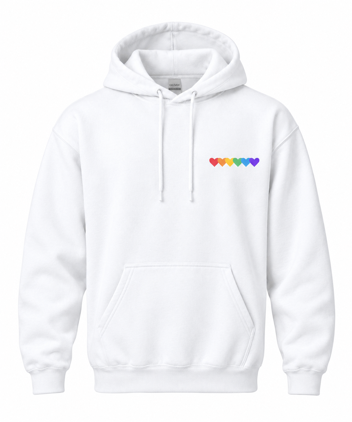 A white pullover hoodie with a small rainbow heart pattern printed on the left chest, displayed on a clean white background.