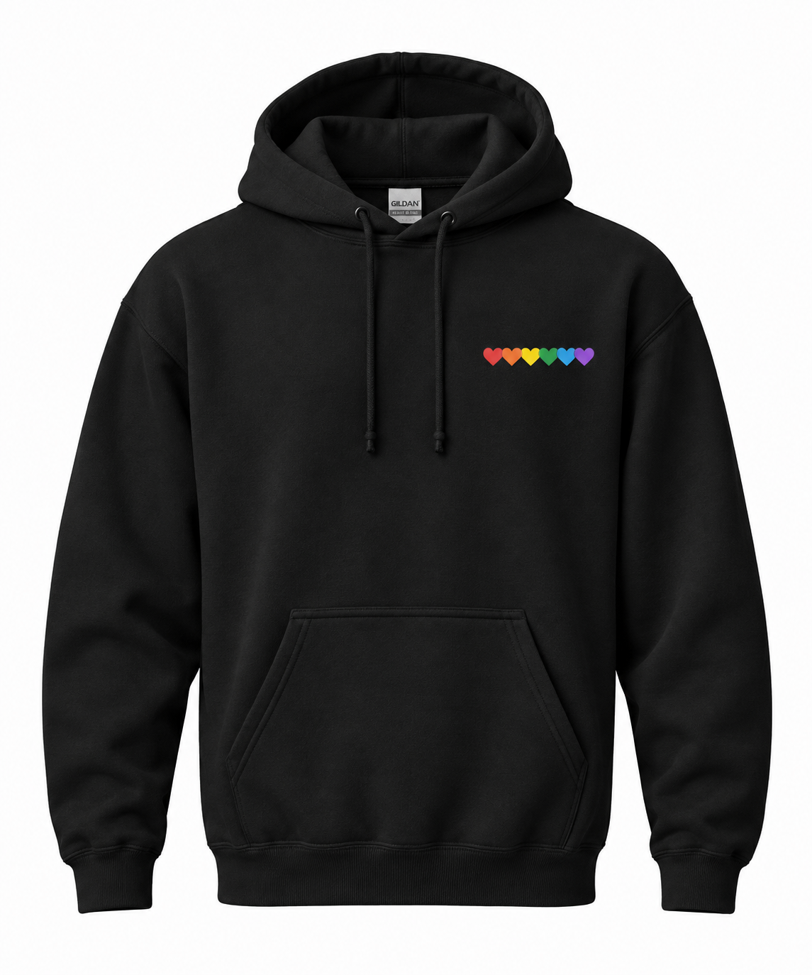 A black pullover hoodie with a small row of rainbow-colored hearts printed on the left chest, displayed on a clean white background.
