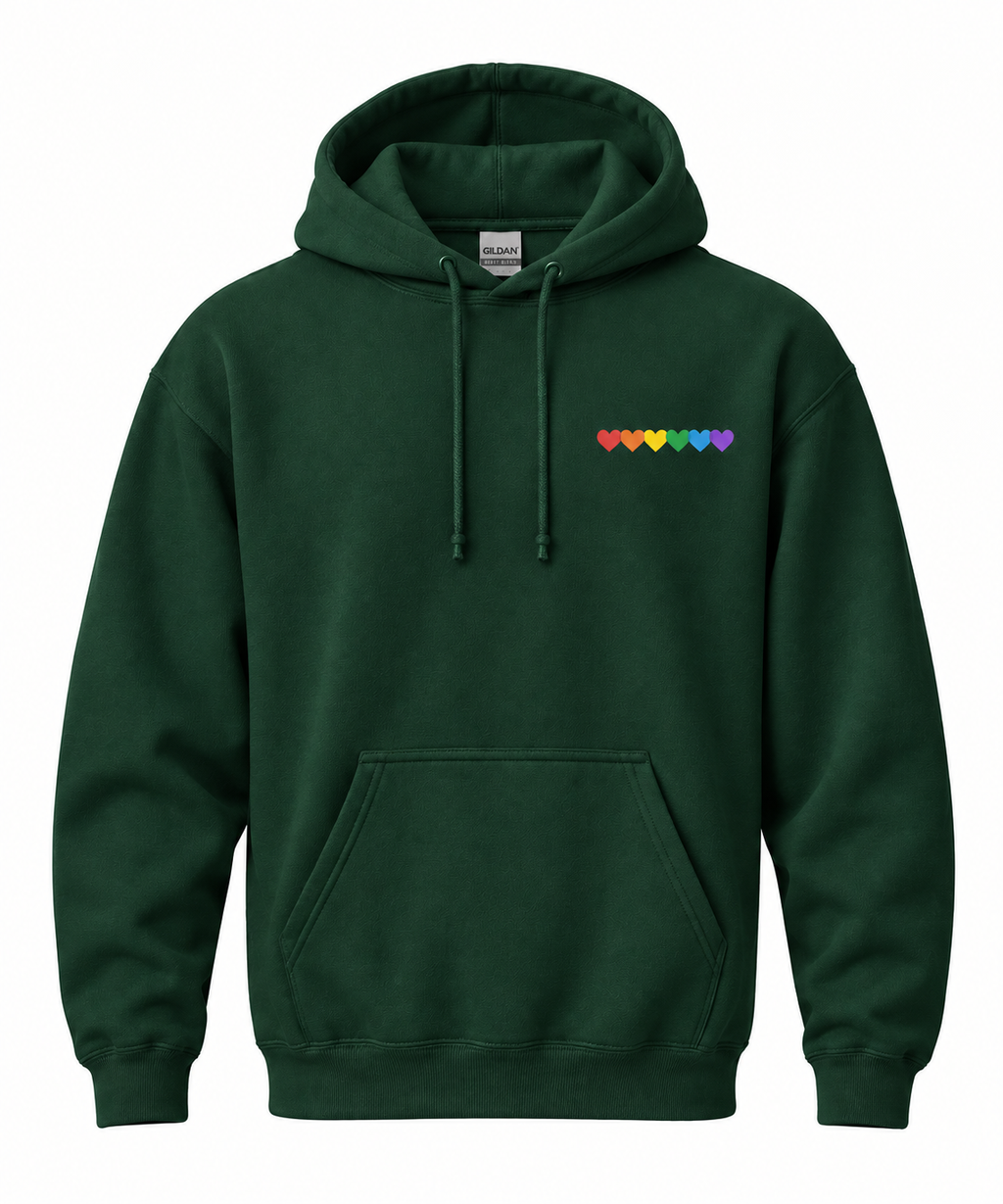 A dark green pullover hoodie with a small row of colorful embroidered hearts on the left chest, displayed on a clean white background.