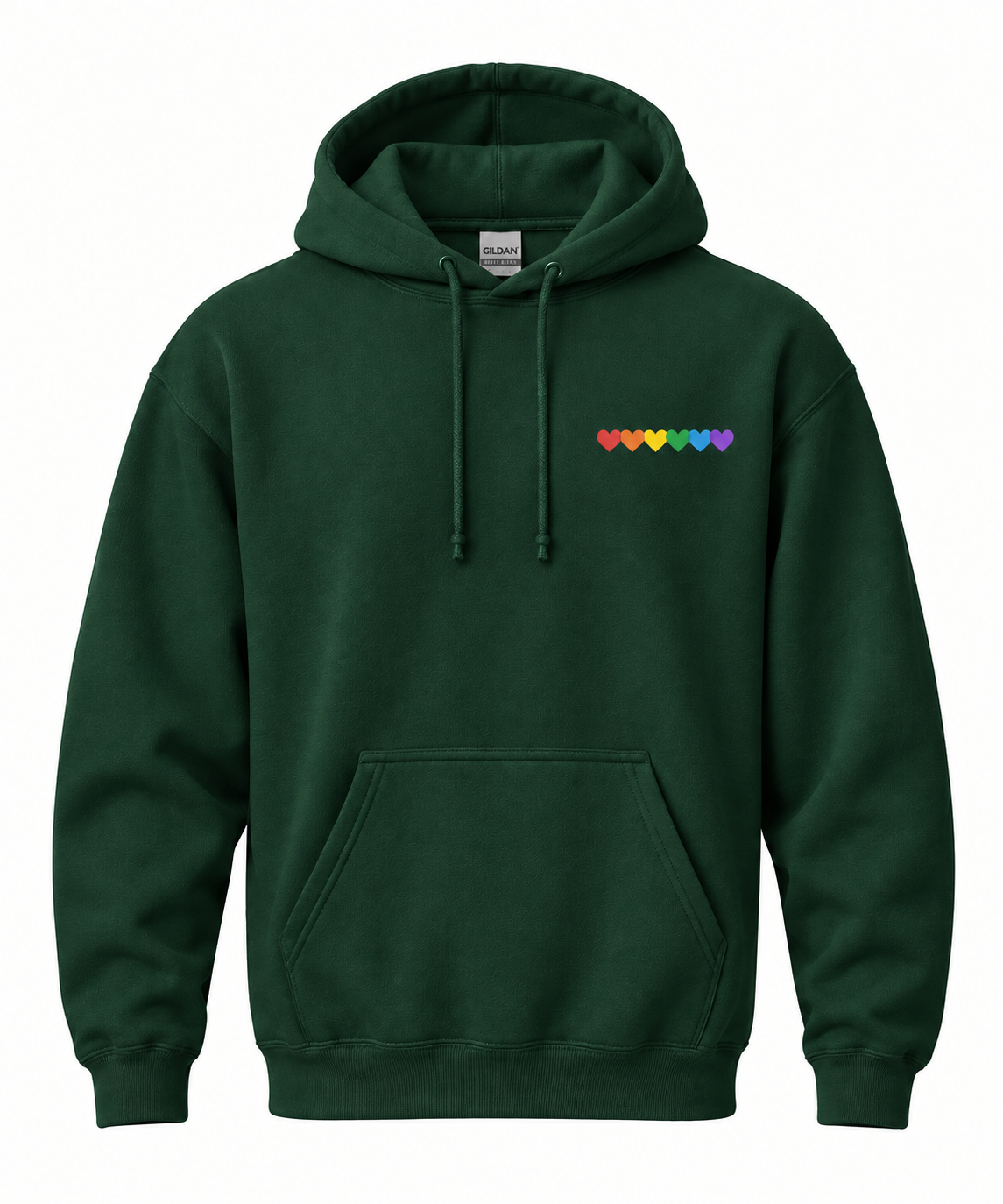 A dark green pullover hoodie with a small row of colorful embroidered hearts on the left chest, displayed on a clean white background.