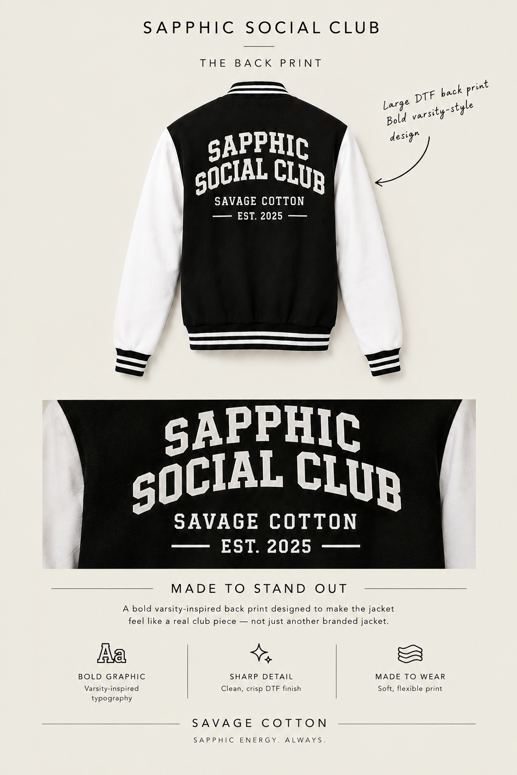 A promotional graphic for a varsity-style jacket showing the back print design. The top section shows a black-and-white jacket with large white text reading 'SAPPHIC SOCIAL CLUB' and smaller text 'SAVAGE COTTON EST.