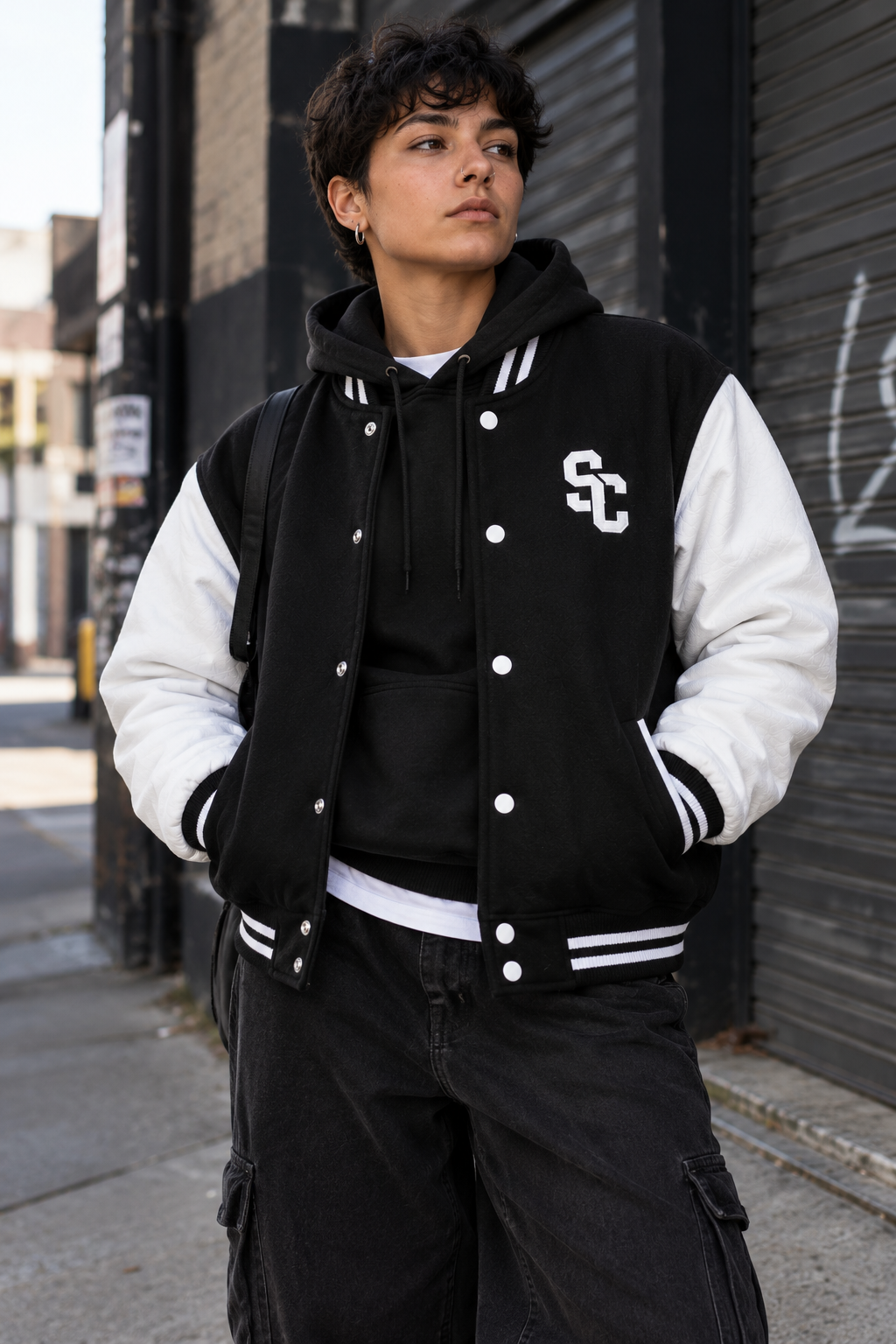 A person standing outdoors on a city sidewalk wearing a black and white varsity-style jacket over a black hoodie and black cargo pants. The jacket has white sleeves, white ribbed trim, and a white embroidered 'SC' logo on the left chest.