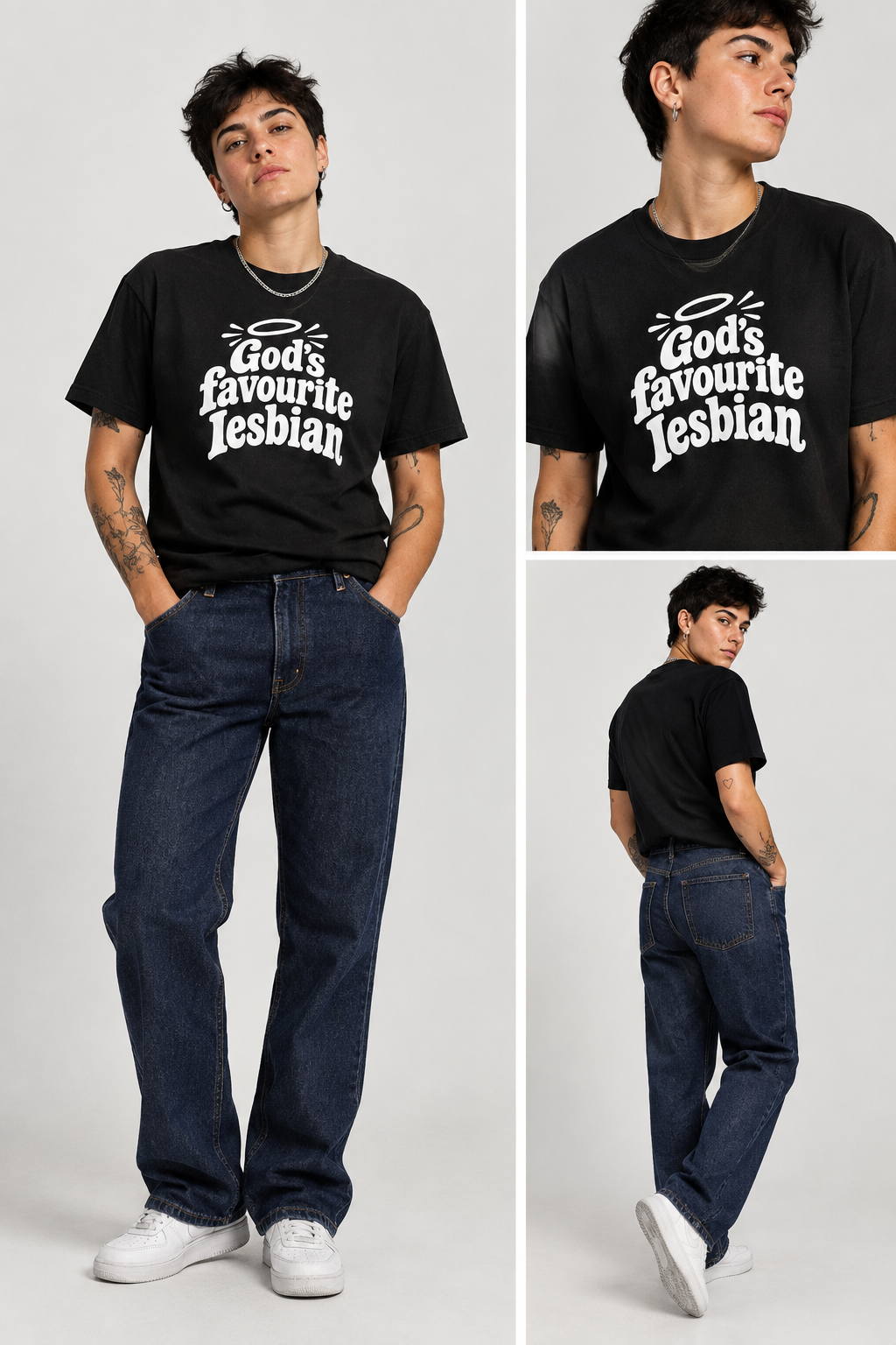 A model wearing a black graphic t-shirt with the text 'God's favourite Lesbian' in white, paired with dark blue jeans and white sneakers, shown in multiple views (front, close-up front, back) against a light gray background.