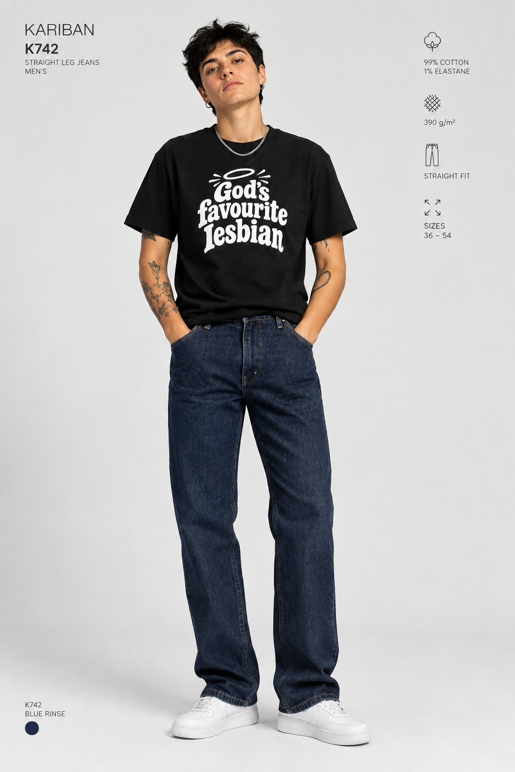 A model wearing a black Karibean K742 t-shirt with white text that reads 'God's favourite lesbian' paired with dark blue jeans and white sneakers, shown against a light gray studio background with product details on the side.