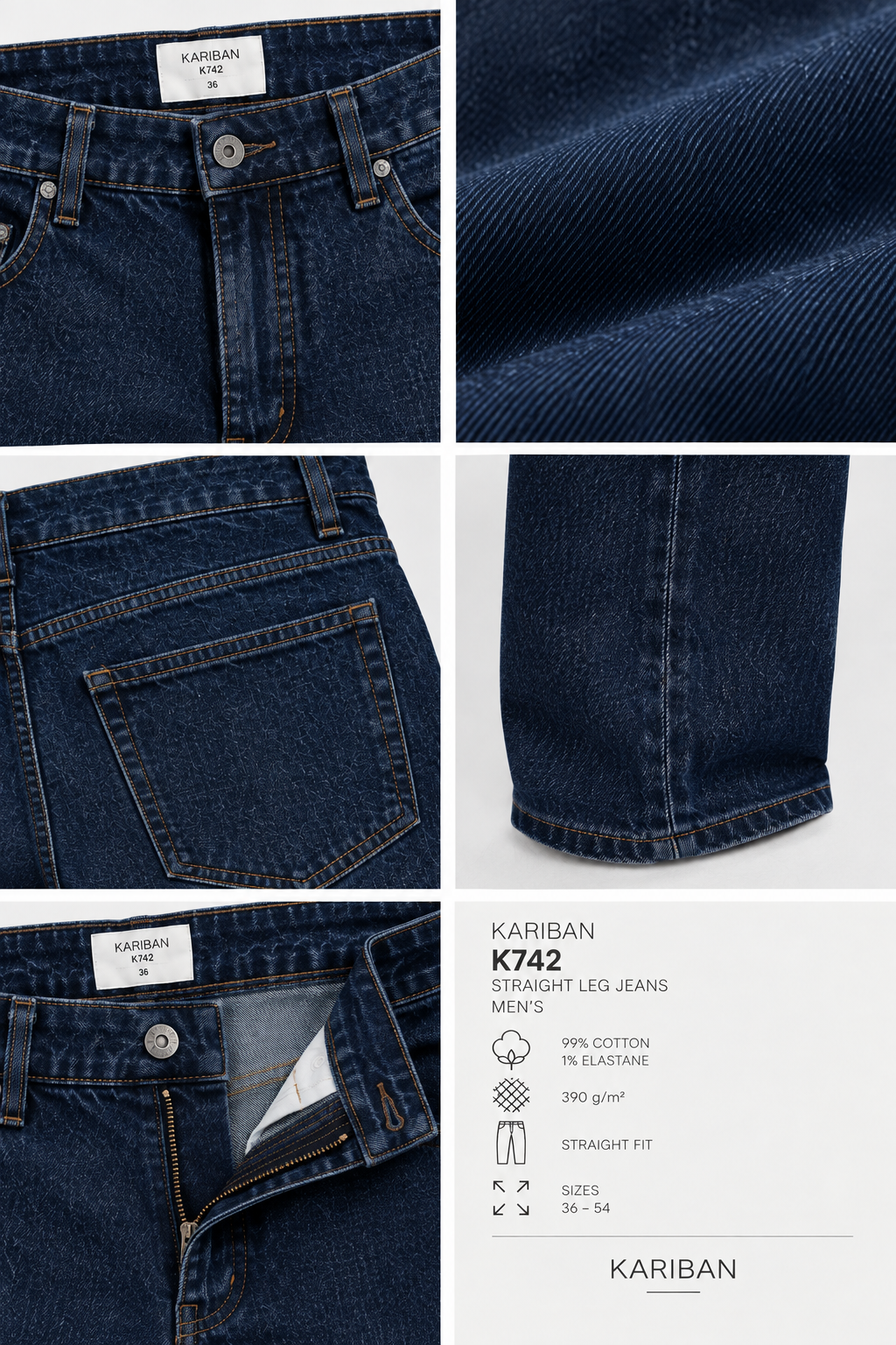 A 4-panel product collage showing close-up details of dark blue denim jeans from Kariban, including the front waistband, fabric texture, back pocket, and inner waistband lining. A white info panel on the bottom right lists the model as Kariban K742 Straight Leg Jeans Men's and includes material and fit details.