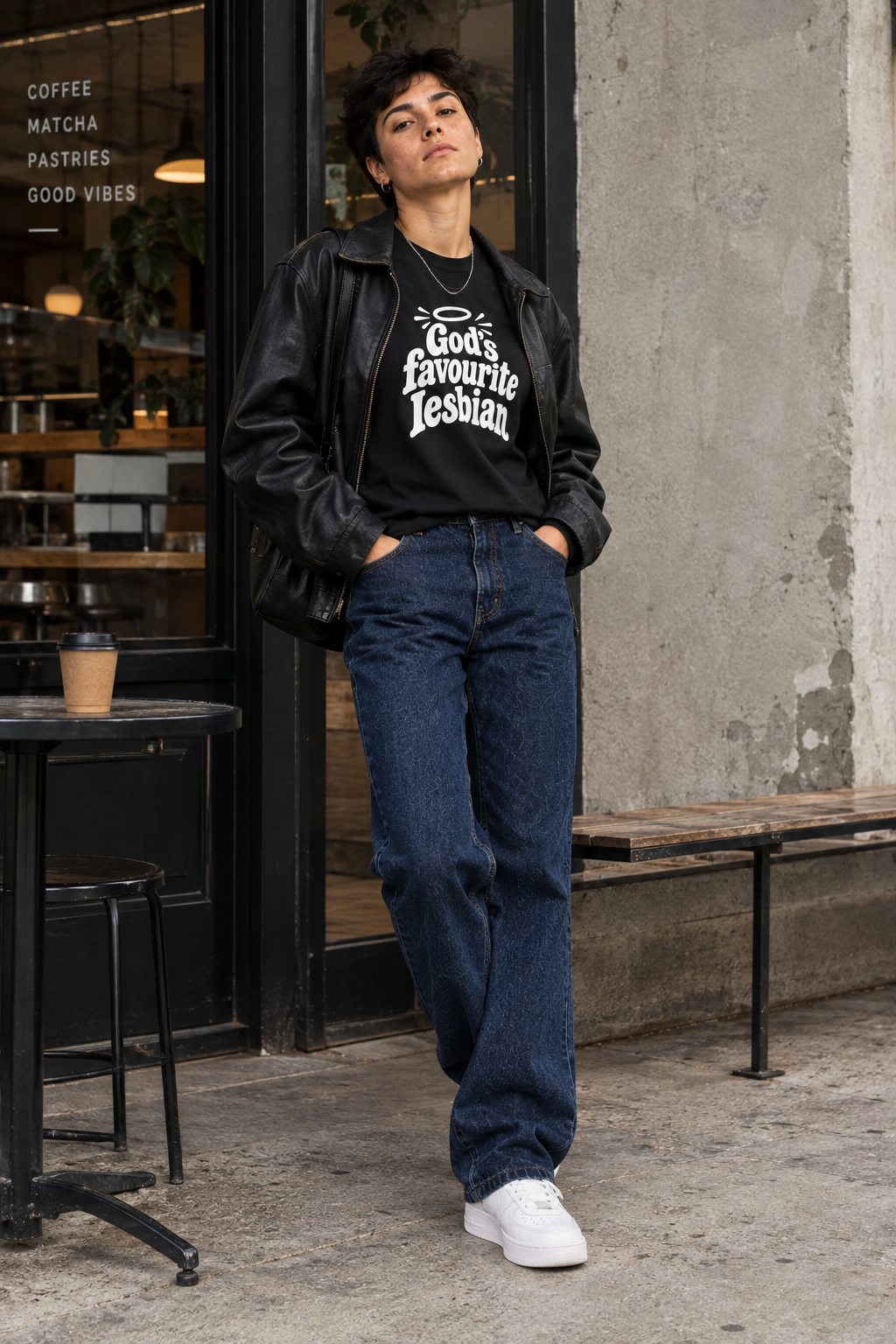 A person standing outdoors in front of a storefront wearing a black leather jacket, a black graphic T-shirt that reads 'God's favourite Lesbian', dark blue jeans, and white sneakers.