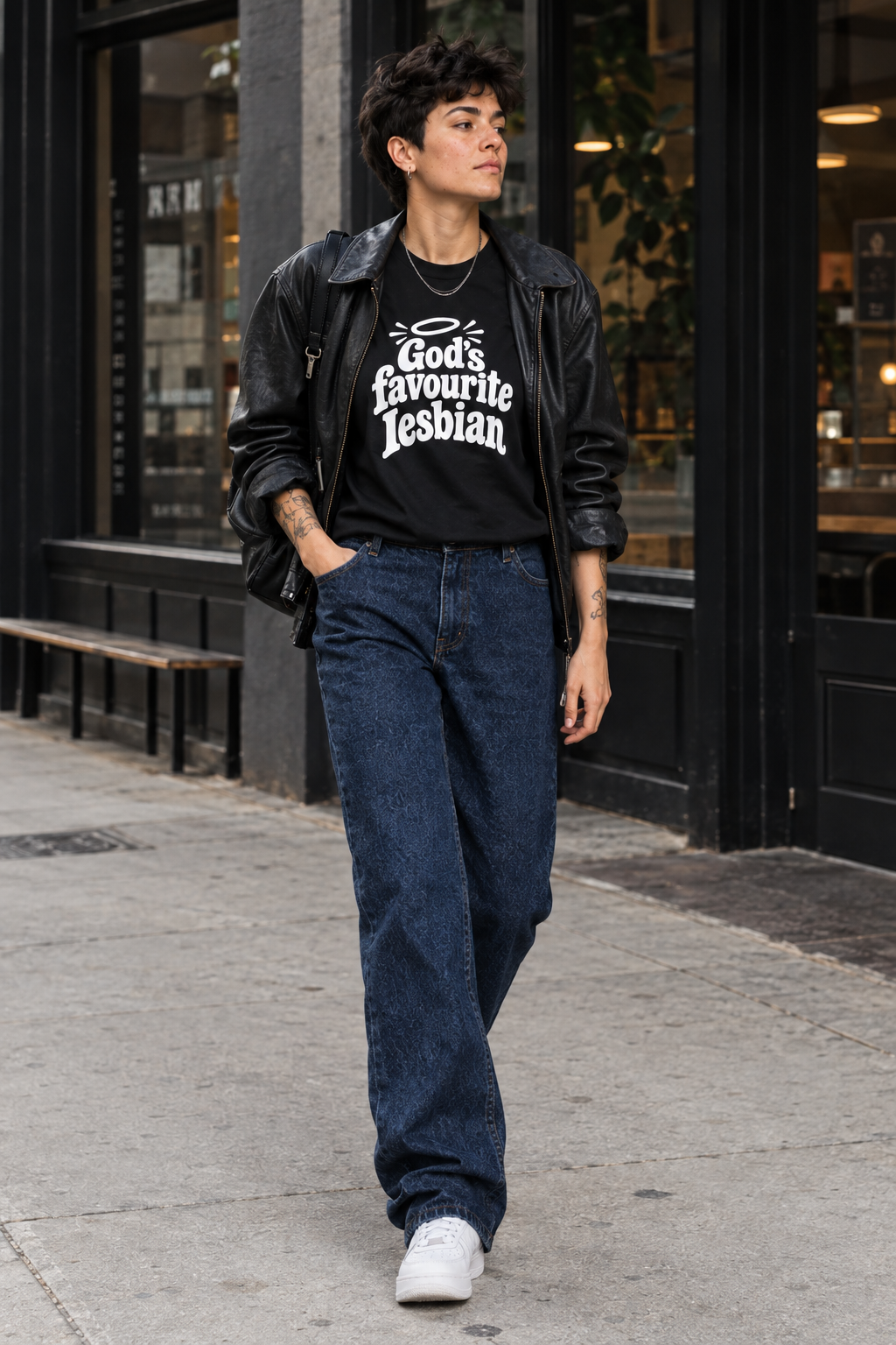 A person walking on a city sidewalk wearing a black leather jacket, a black graphic T-shirt that reads 'God's favourite Lesbian', dark blue jeans, and white sneakers, with storefront windows in the background.