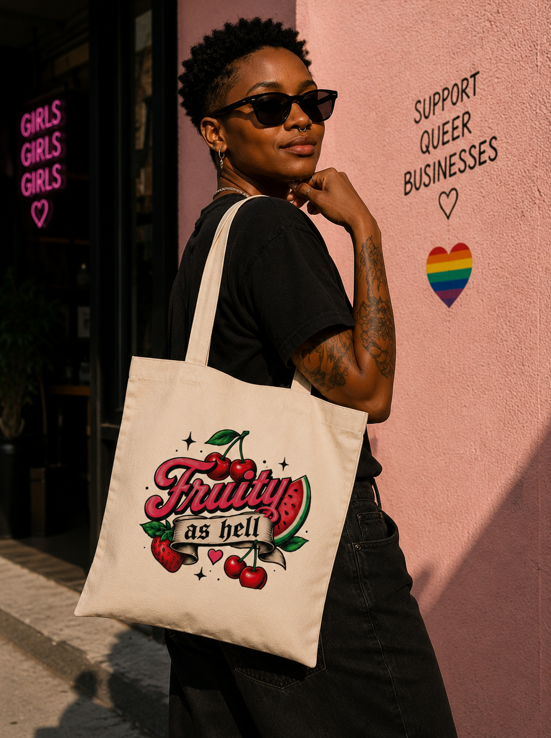A woman wearing black sunglasses and a black t-shirt carries a cream canvas tote bag with a colorful graphic that reads 'Fruity as hell' with cherries and watermelon illustrations, standing against a pink wall with pride-themed text.