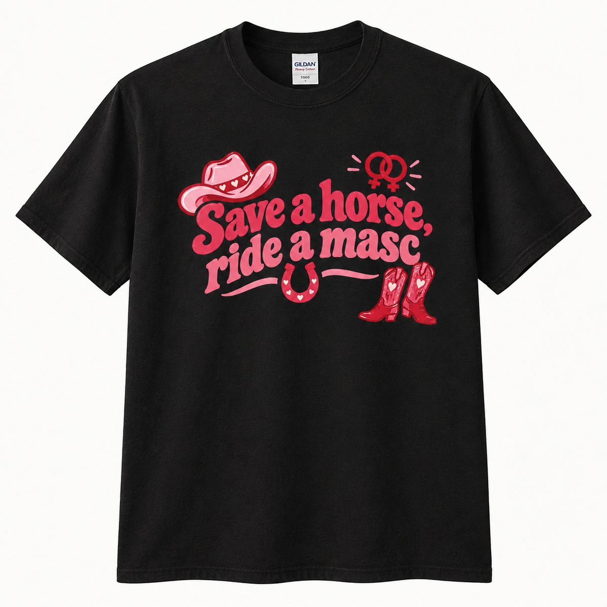 A black short-sleeve crewneck t-shirt featuring a red western-themed graphic that reads 'Save a horse, ride a masc' with illustrations of a cowboy hat, red boots, and a horseshoe, shown on a plain white background.