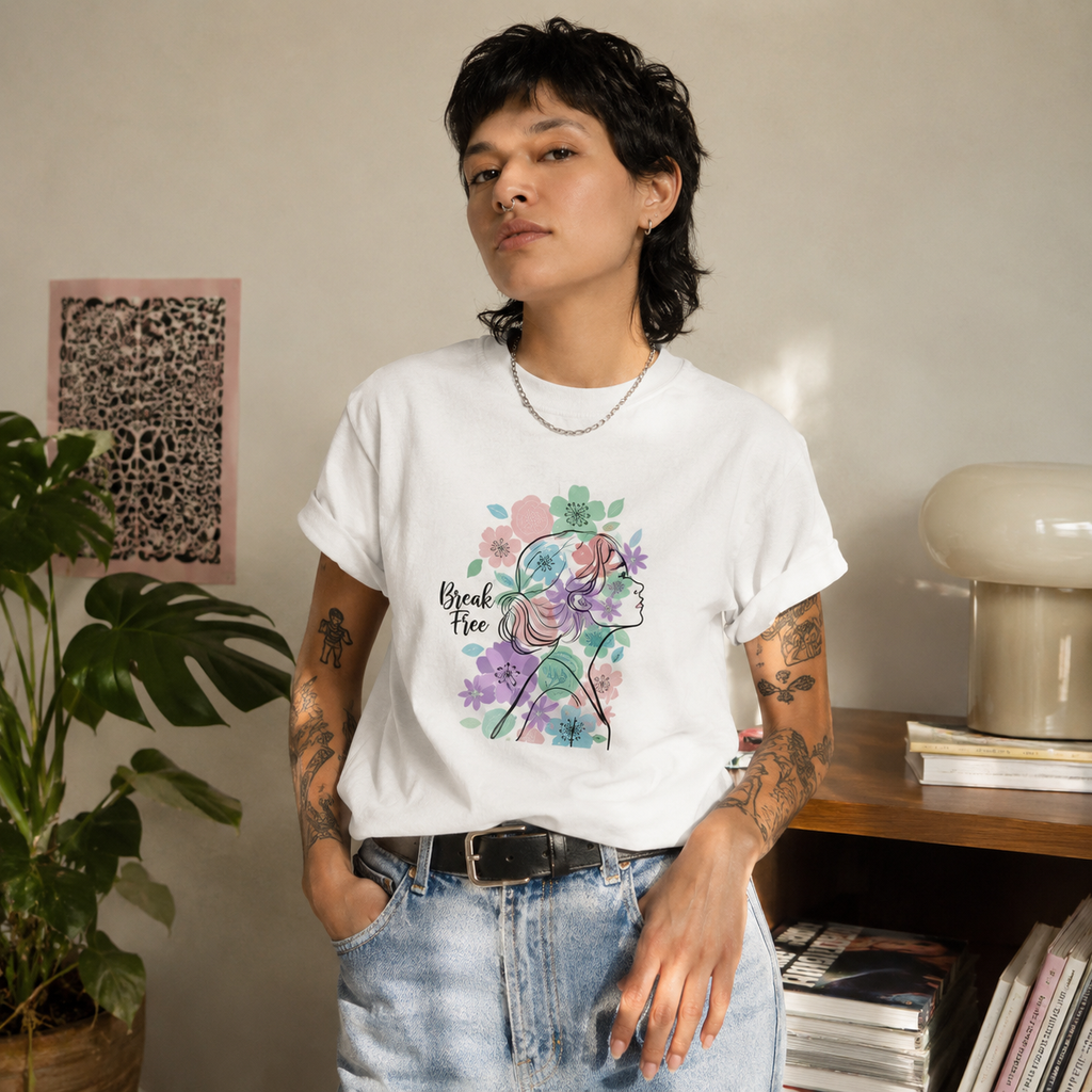 A person wearing a white graphic T-shirt with a colorful floral and line-art design and the text 'Break Free,' paired with light blue jeans in a softly lit indoor room with a plant, books, and wall art.