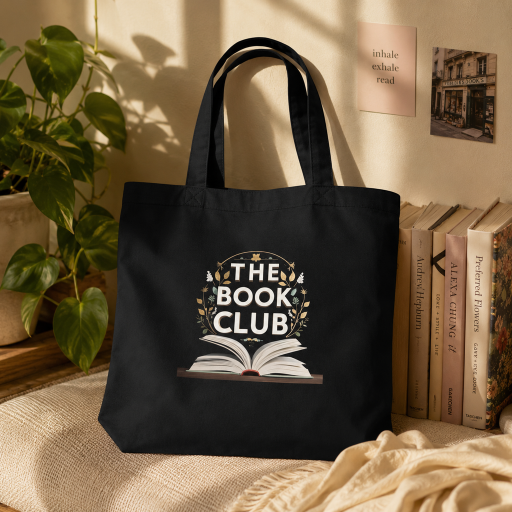 A black canvas tote bag with a 'THE BOOK CLUB' graphic printed on the front, styled on a beige fabric surface next to books, a potted plant, and a cream throw blanket.
