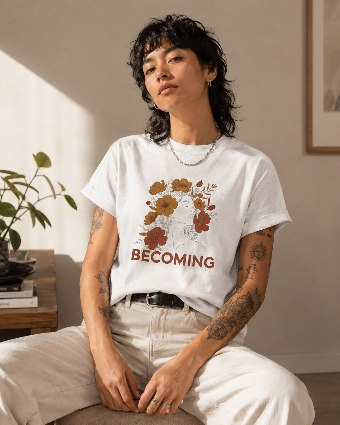 A person sitting indoors wearing a white graphic T-shirt with a floral illustration and the word 'BECOMING' printed below, paired with light pants. The room has warm natural light, a plant on a side table, and framed wall art in the background.