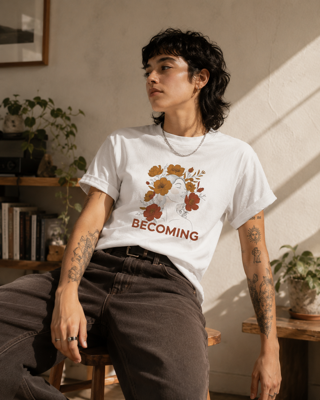 A person seated indoors wearing a white graphic T-shirt with a floral print and the word 'BECOMING' in brown, paired with dark brown pants. The room has warm sunlight, plants, shelves, and a textured wall.