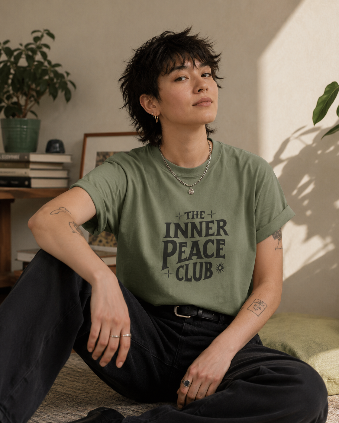 A person sitting indoors wearing an olive green graphic T-shirt with the text 'THE INNER PEACE CLUB' and black pants, photographed in a softly lit room with plants and warm sunlight.