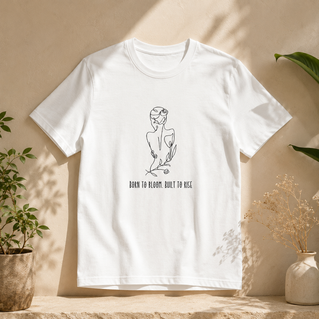 A white short-sleeve crewneck t-shirt with a minimalist black line art graphic of a woman and the text 'BORN TO BLOOM, BUILT TO USE' printed on the chest. The t-shirt is displayed flat on a stone ledge against a textured beige wall, styled with potted plants and dried flowers.