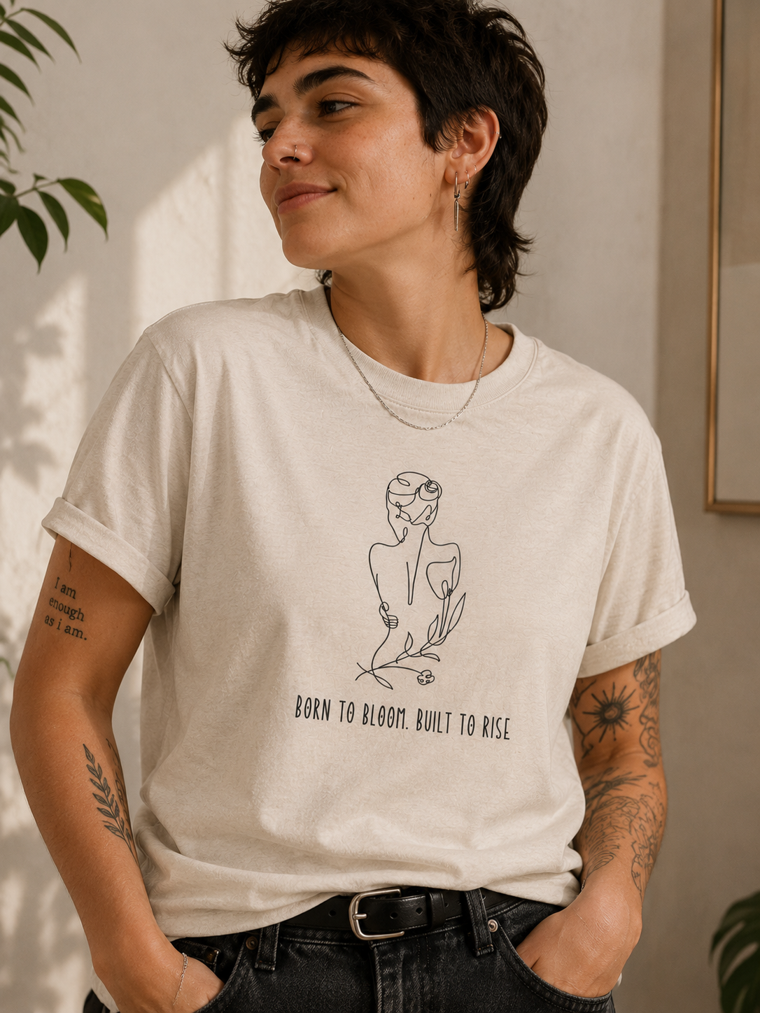 A person wearing a light beige graphic T-shirt with a minimalist line drawing of a woman and the text 'BORN TO BLOOM, BUILT TO RISE', paired with dark jeans in a softly lit indoor setting.