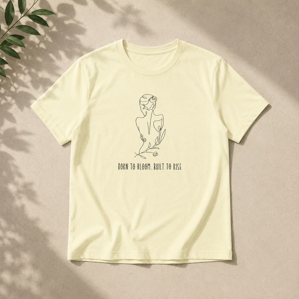 A pale cream-colored short-sleeve t-shirt with a minimalist black line art graphic of a woman and the text 'BORN TO BLOOM, BUILT TO RISE' on the front, displayed flat on a textured beige background with soft leaf shadows.