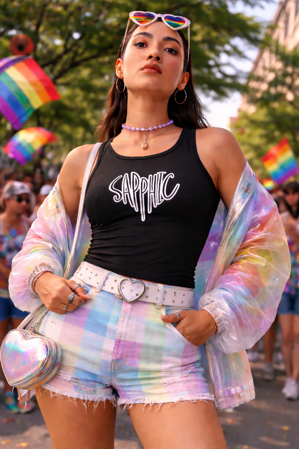 Person wearing a black tank top with 'Sapphic' text, colorful jacket, and shorts at a pride event.