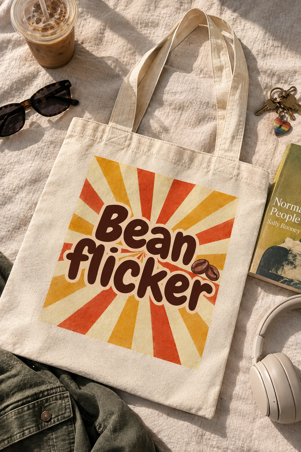 A cream canvas tote bag with a retro sunburst graphic and the words 'Bean flicker' printed on the front, styled in a warm outdoor flat-lay with sunglasses, an iced coffee, keys, a book, and headphones.
