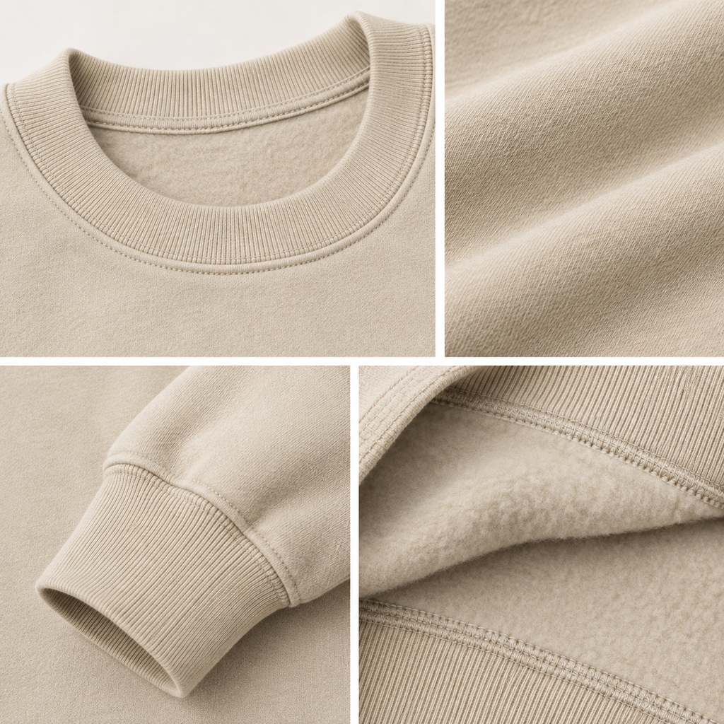 Four-panel close-up collage of a crewneck sweatshirt in a warm light beige/taupe color, showing the ribbed collar, sleeve cuff, and soft textured fabric.