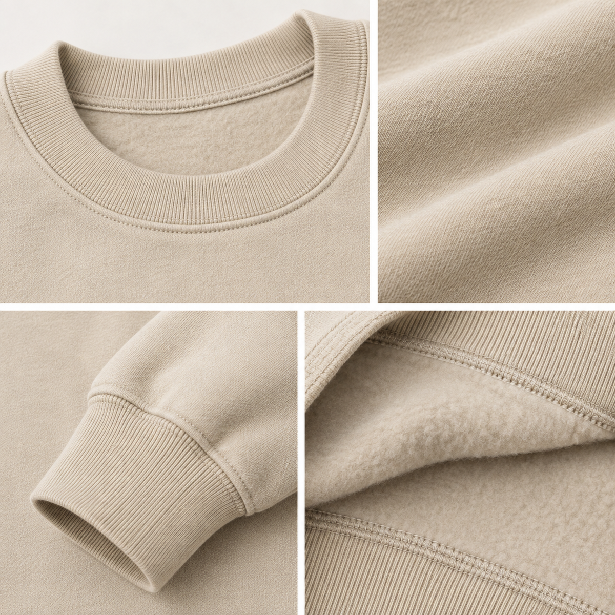 Four-panel close-up collage of a crewneck sweatshirt in a warm light beige/taupe color, showing the ribbed collar, sleeve cuff, and soft textured fabric.