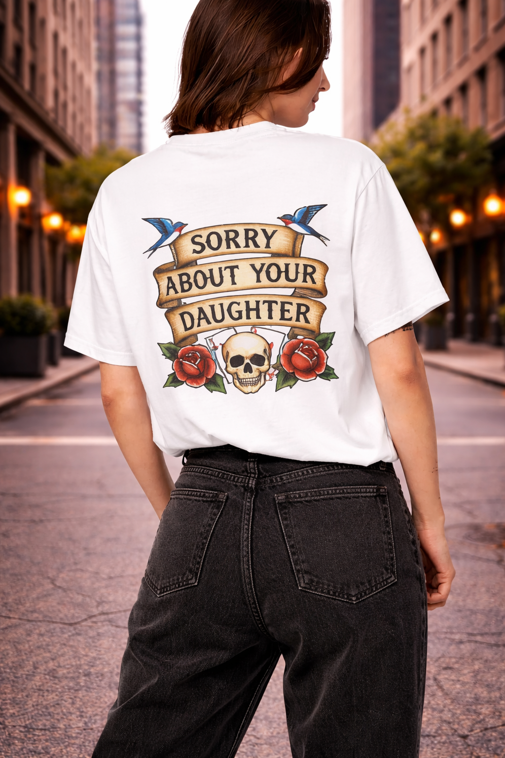 Person wearing a white t-shirt with graphic design and text on the back, standing on a city street.