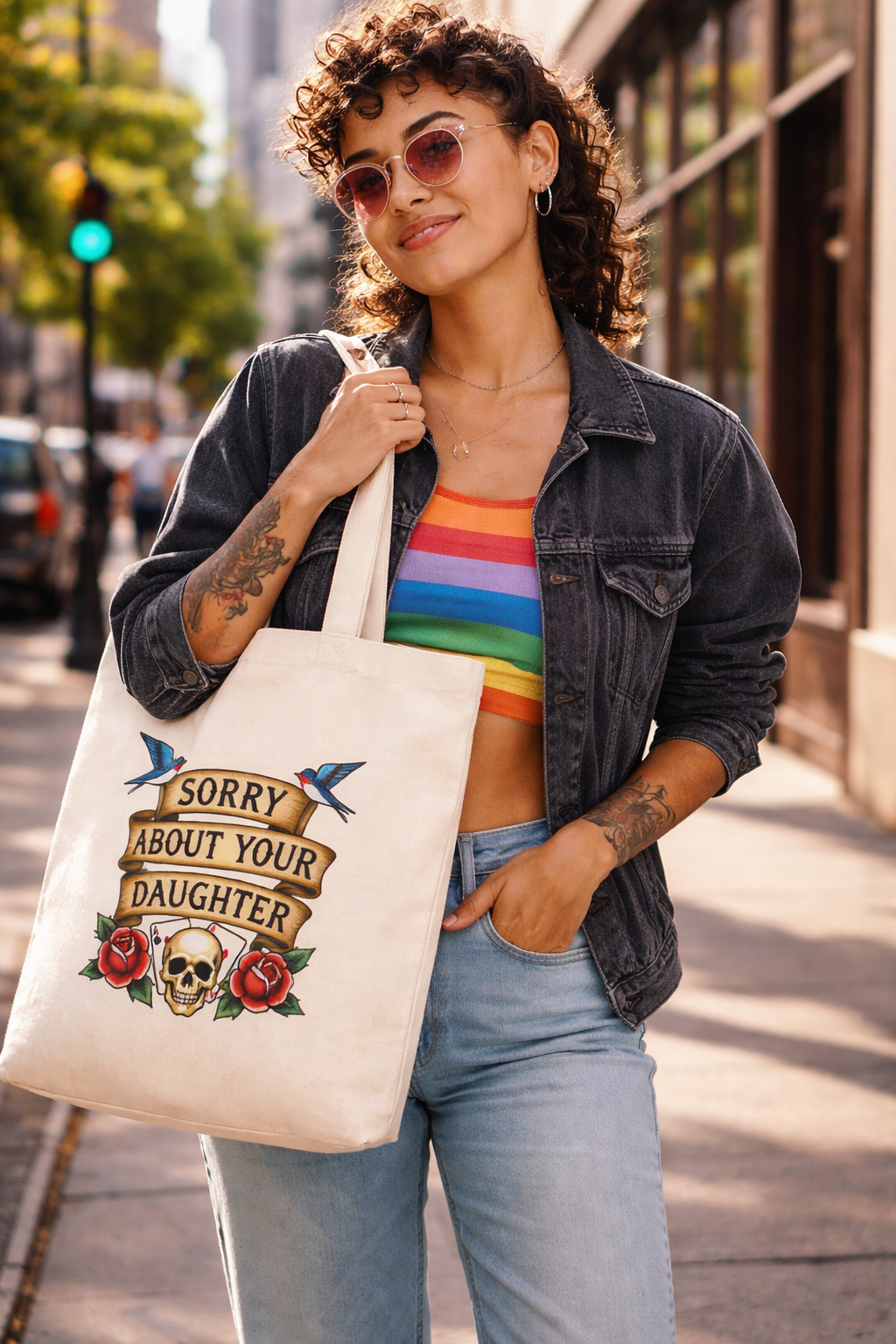 Woman holding a tote bag with a graphic design on a city street