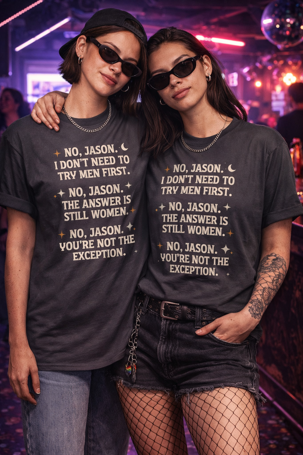 Two people wearing matching t-shirts with a feminist message in a nightclub setting.
