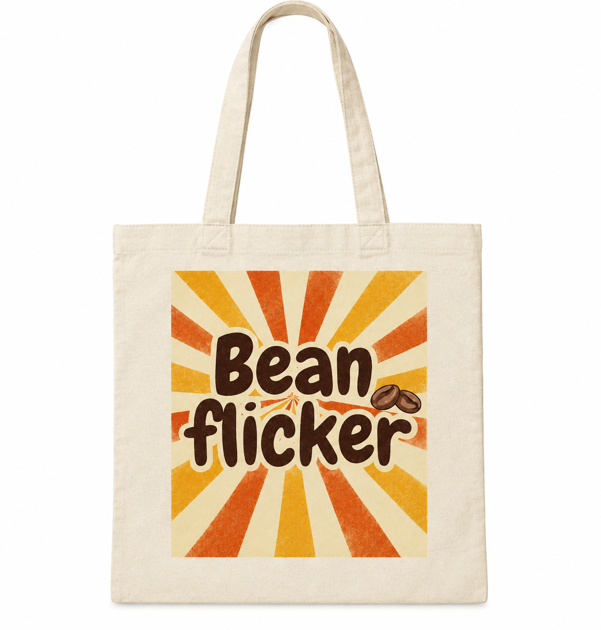 A cream-colored canvas tote bag with a retro sunburst graphic in orange, yellow, and beige, featuring the text 'Bean flicker' and two coffee beans.