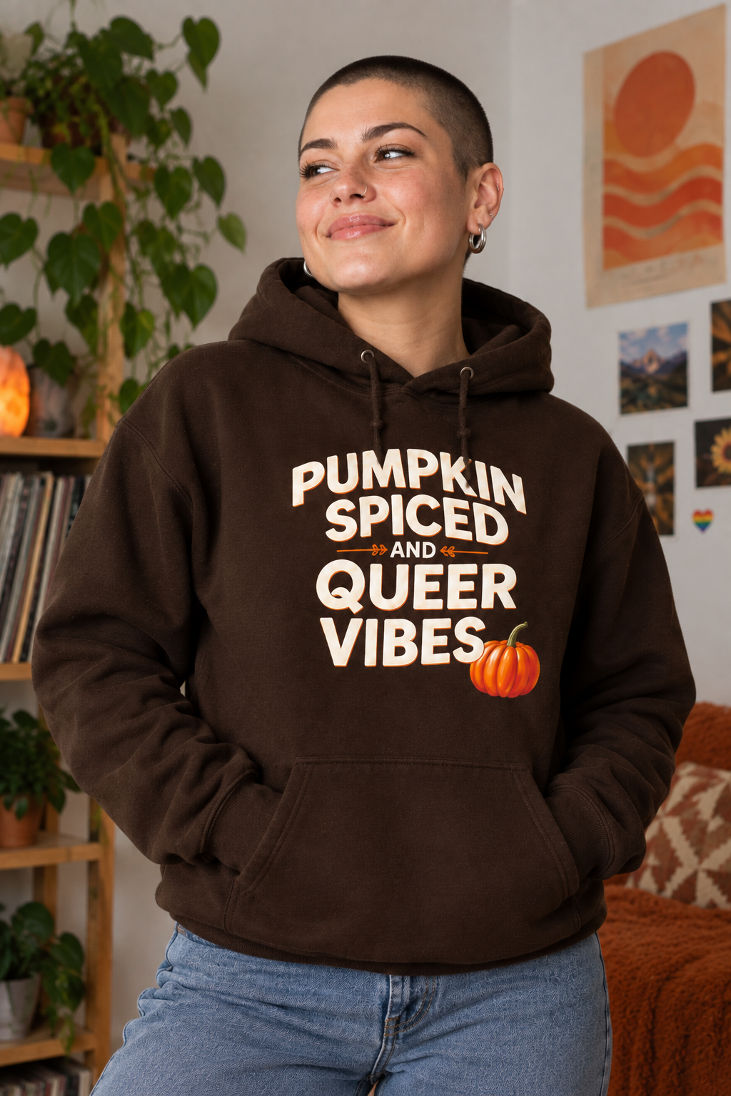 A woman wearing a dark brown pullover hoodie with the text 'PUMPKIN SPICED AND QUEER VIBES' in cream lettering and a small orange pumpkin graphic, standing in a cozy indoor room.