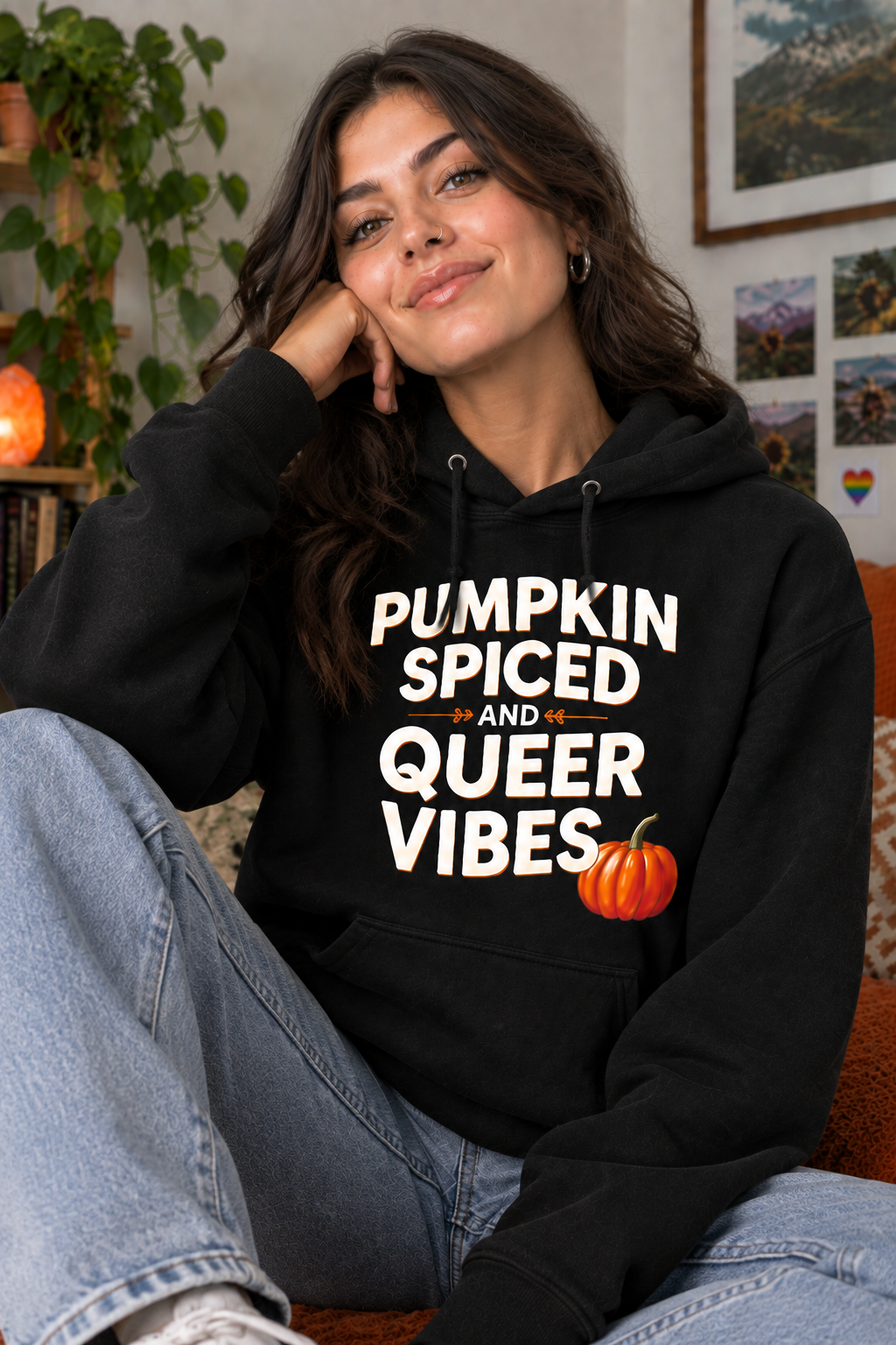 A woman wearing a black pullover hoodie with the text 'PUMPKIN SPICED AND QUEER VIBES' in white, with a small orange pumpkin graphic, sitting in a cozy indoor setting.