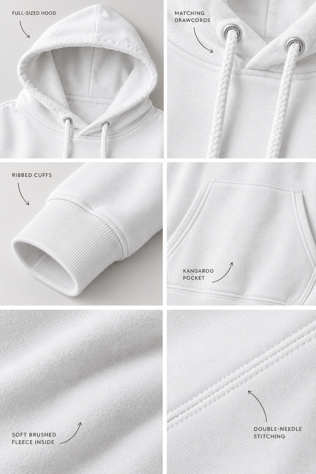 Six-panel close-up collage of a white pullover hoodie showing details: full-sized hood, matching drawcords, ribbed cuffs, kangaroo pocket, soft brushed fleece interior, and double-needle stitching.