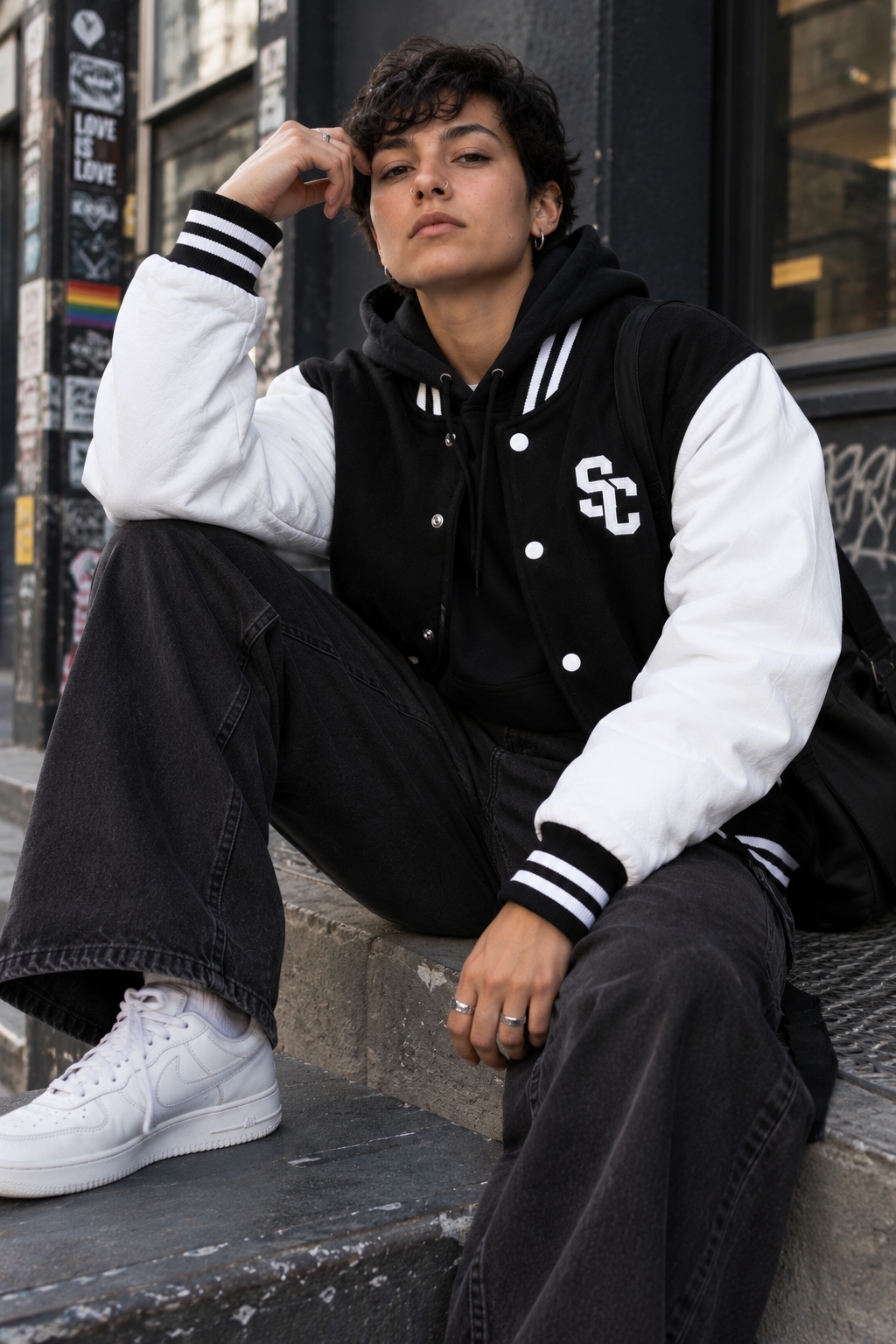 A person standing outdoors on a city sidewalk wearing a black and white varsity-style jacket over a black hoodie and black cargo pants. The jacket has white sleeves, white ribbed trim, and a white embroidered 'SC' logo on the left chest.