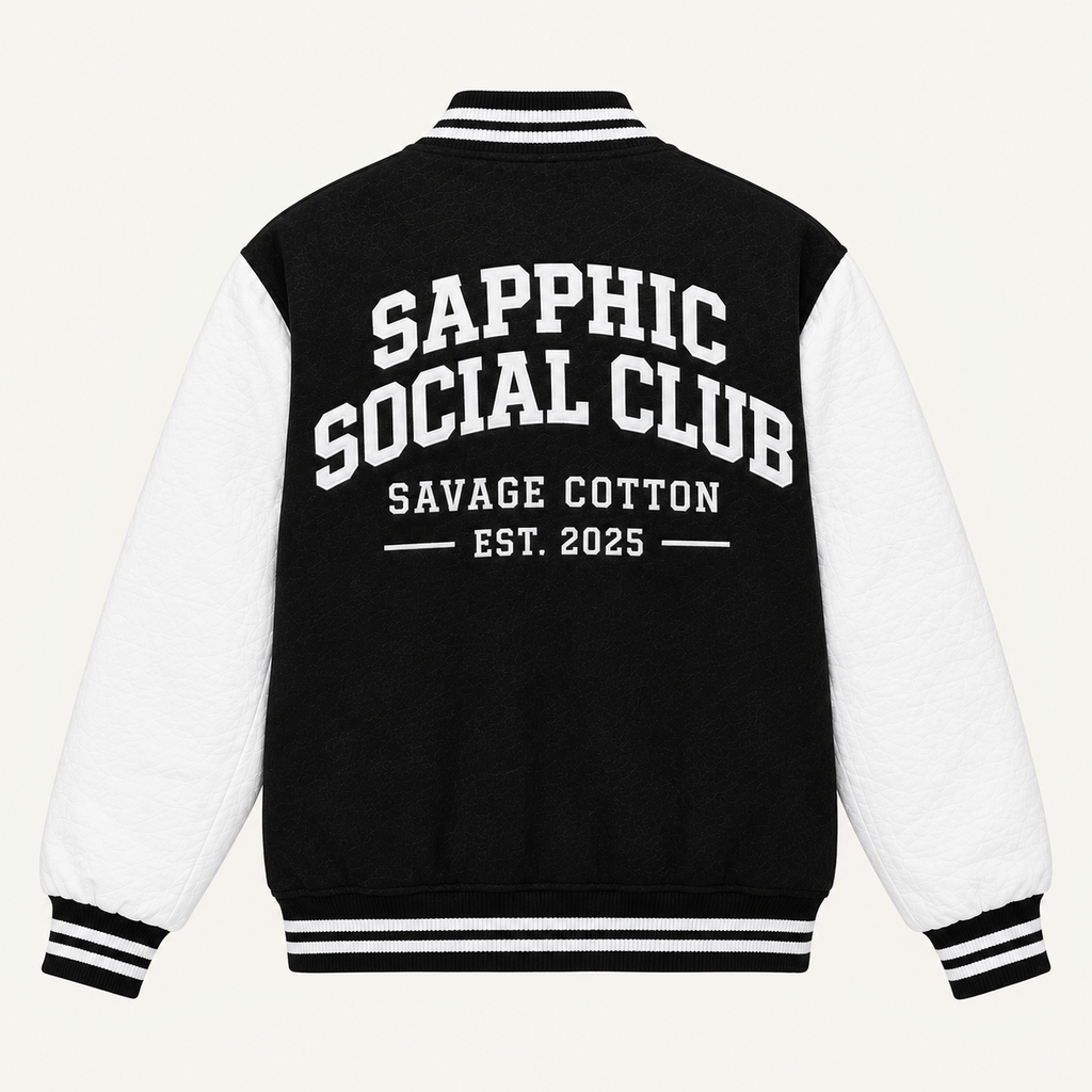 Back view of a varsity-style jacket with a black body and white sleeves, featuring the text 'SAPPHIC SOCIAL CLUB', 'SAVAGE COTTON', and 'EST. 2025' printed in white on the back.
