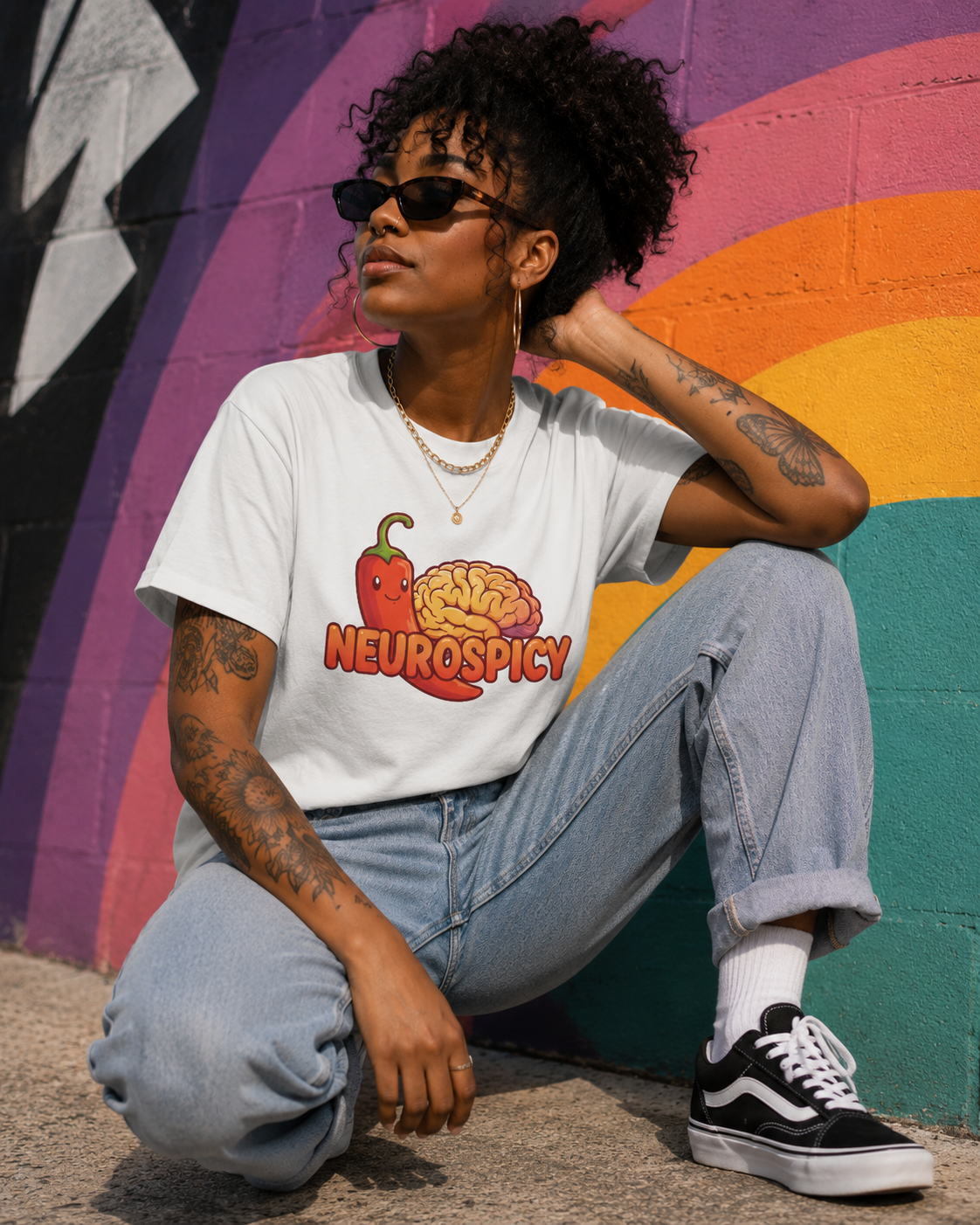 A person crouching outdoors against a colorful painted wall, wearing a white graphic T-shirt with a red chili pepper and brain illustration above the word 'NEUROSPICY,' paired with light blue jeans, white socks, and black-and-white sneakers.