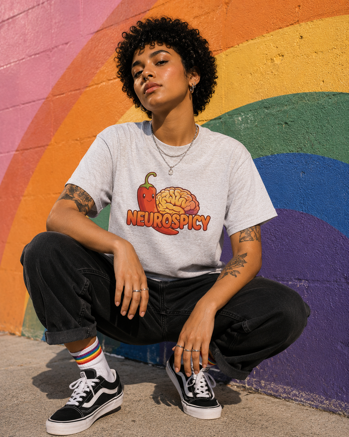A person crouching in front of a colorful rainbow mural, wearing a light gray graphic T-shirt with a red chili pepper and brain illustration and the word 'NEUROSPICY' in orange text, paired with black jeans and black low-top sneakers.