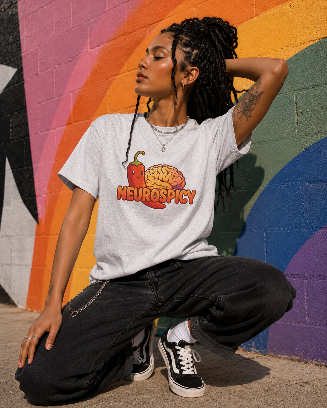 A model wearing a light gray graphic t-shirt with a 'Neurospicy' brain and chili pepper design, paired with black jeans and black-and-white sneakers, posing in front of a colorful rainbow painted brick wall.