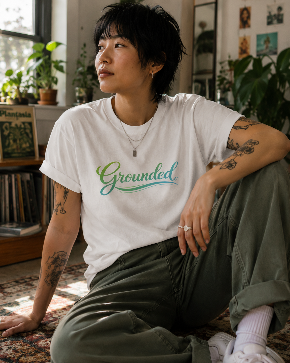 A person sitting indoors wearing a white graphic T-shirt with the word 'Grounded' in green script across the chest, paired with olive green pants and white sneakers.