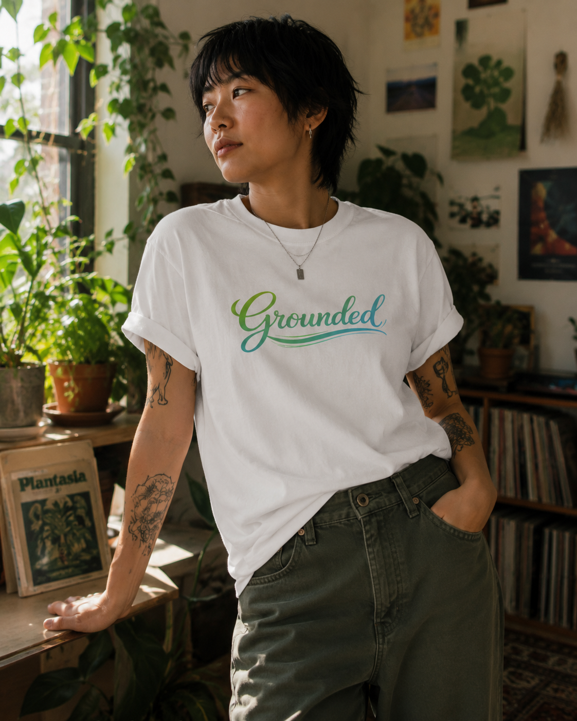 A person standing indoors wearing a white graphic T-shirt with the word 'Grounded' in green script across the chest, paired with olive green pants. The room has plants, framed art, and record shelves in the background.