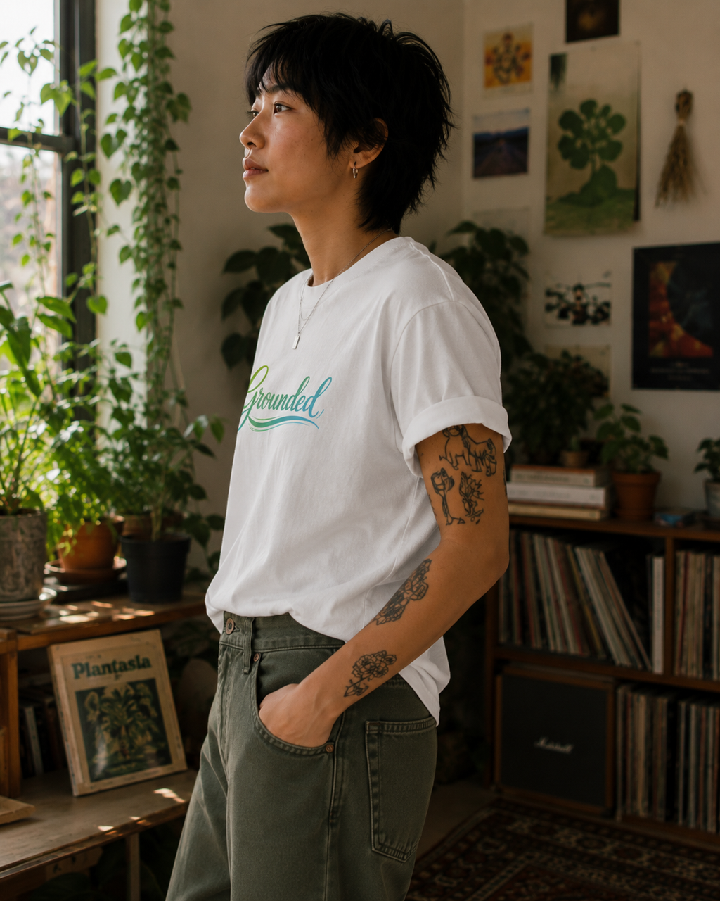 A person standing indoors wearing a white short-sleeve T-shirt with a teal script graphic reading 'Bounded' across the chest, paired with olive green pants. The room has plants, bookshelves, and framed wall art in the background.