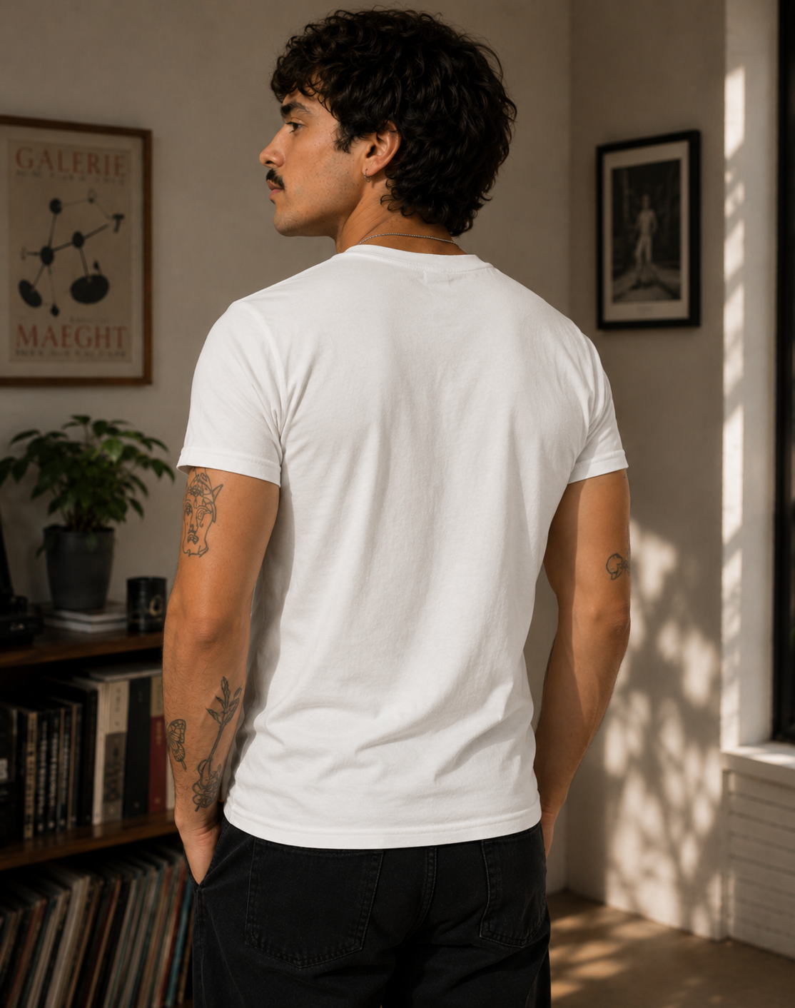 A man with a mustache is shown from behind wearing a plain white short-sleeve t-shirt and black pants, standing in a sunlit room with framed wall art and a record shelf in the background.