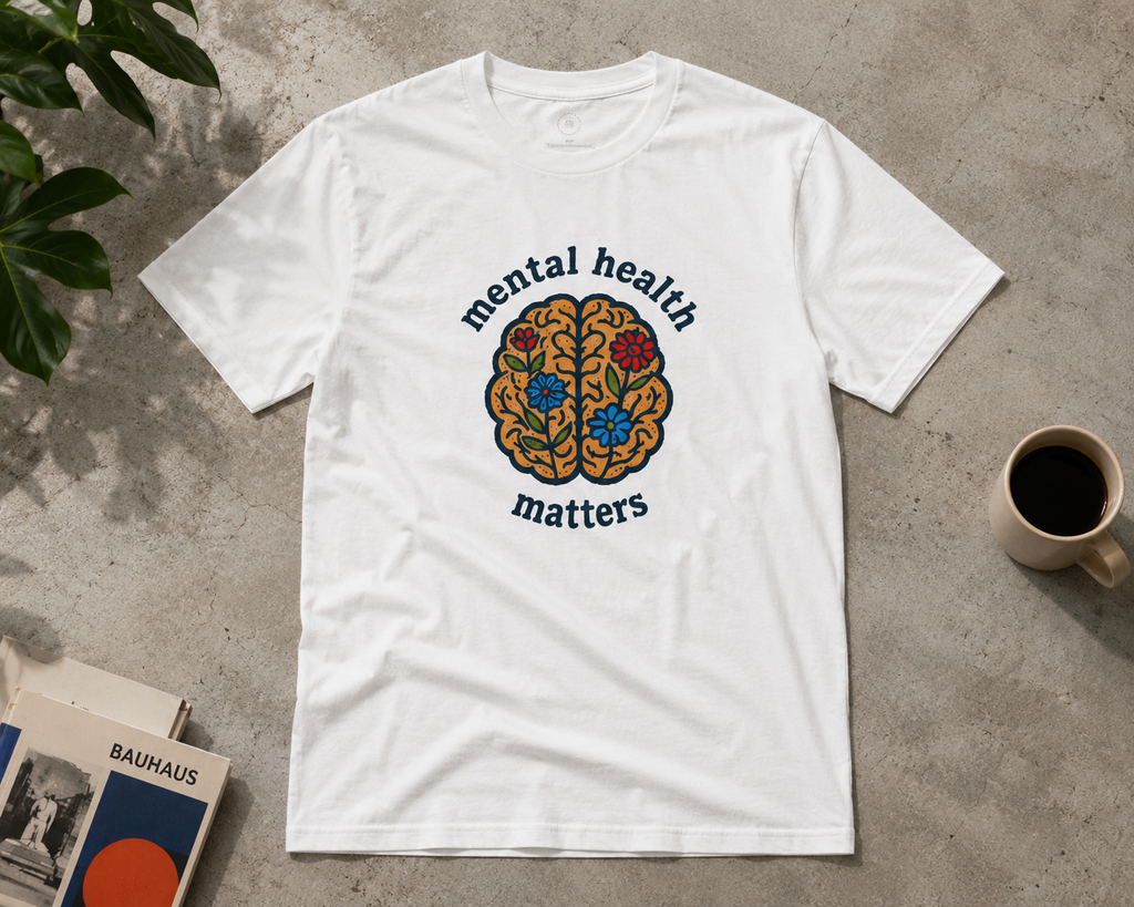 A white short-sleeve t-shirt laid flat on a textured gray surface, featuring a graphic of a brain made of gears and flowers in blue, red, and gold, with the words 'mental health matters' printed above and below. A mug, books, and a plant are styled around it.